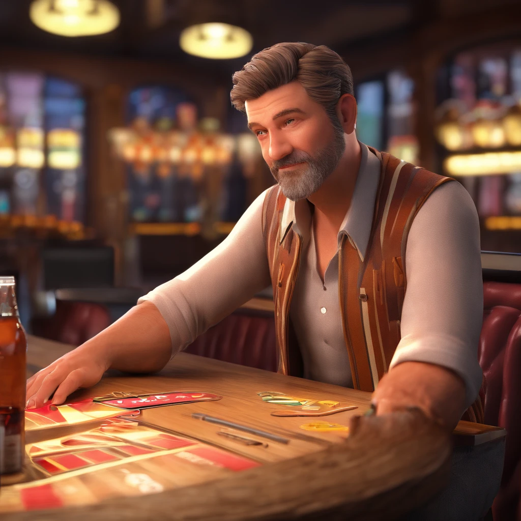 I'm just killin' I'm a 45 year old man with short hair ,Inside a bar dressed in brown pants and a striped shirt