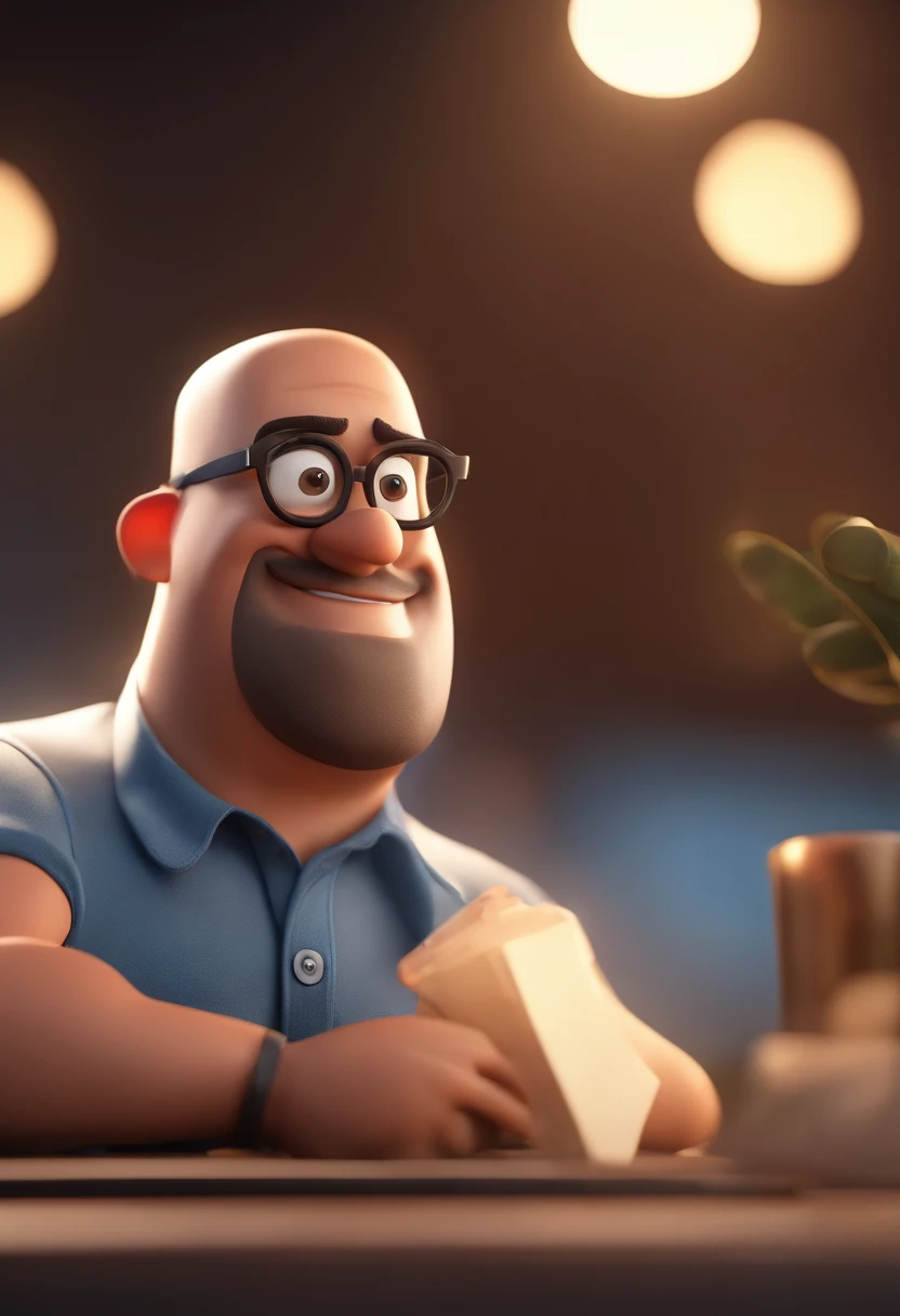 Cartoon character of a man wearing black glasses and a blue shirt, um personagem animado, Caractere estilizado, animation style rendering, 3D estilizado, Arnold Maya render, 3 d render stylized, toon render keyshot, Personagem 3D, Personagem 3D, 3d rendering stylized, 3 d character render, personagem de desenho animado, Personagem de close up, Pose de personagem, (Estilo Pixar) (master part:1.2) (Bokeh) (best quality) (pele detalhada) (textura detalhada) (8k) (argila) (Cinematic lighting) (foco nítido，Senta e vaza a parte superior do corpo