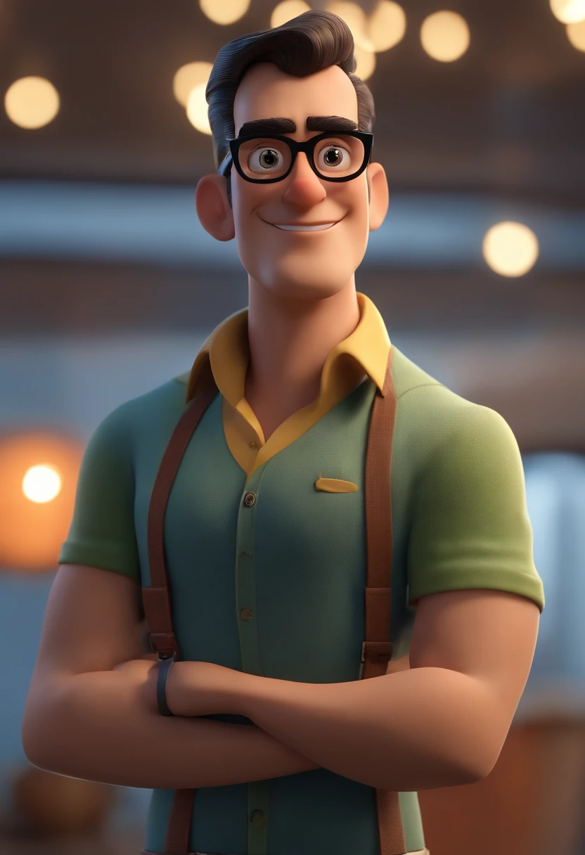 Cartoon character of a man wearing black glasses and a blue shirt, um personagem animado, Caractere estilizado, animation style rendering, 3D estilizado, Arnold Maya render, 3 d render stylized, toon render keyshot, Personagem 3D, Personagem 3D, 3d rendering stylized, 3 d character render, personagem de desenho animado, Personagem de close up, Pose de personagem, (Estilo Pixar) (master part:1.2) (Bokeh) (best quality) (pele detalhada) (textura detalhada) (8k) (argila) (Cinematic lighting) (foco nítido，Senta e vaza a parte superior do corpo