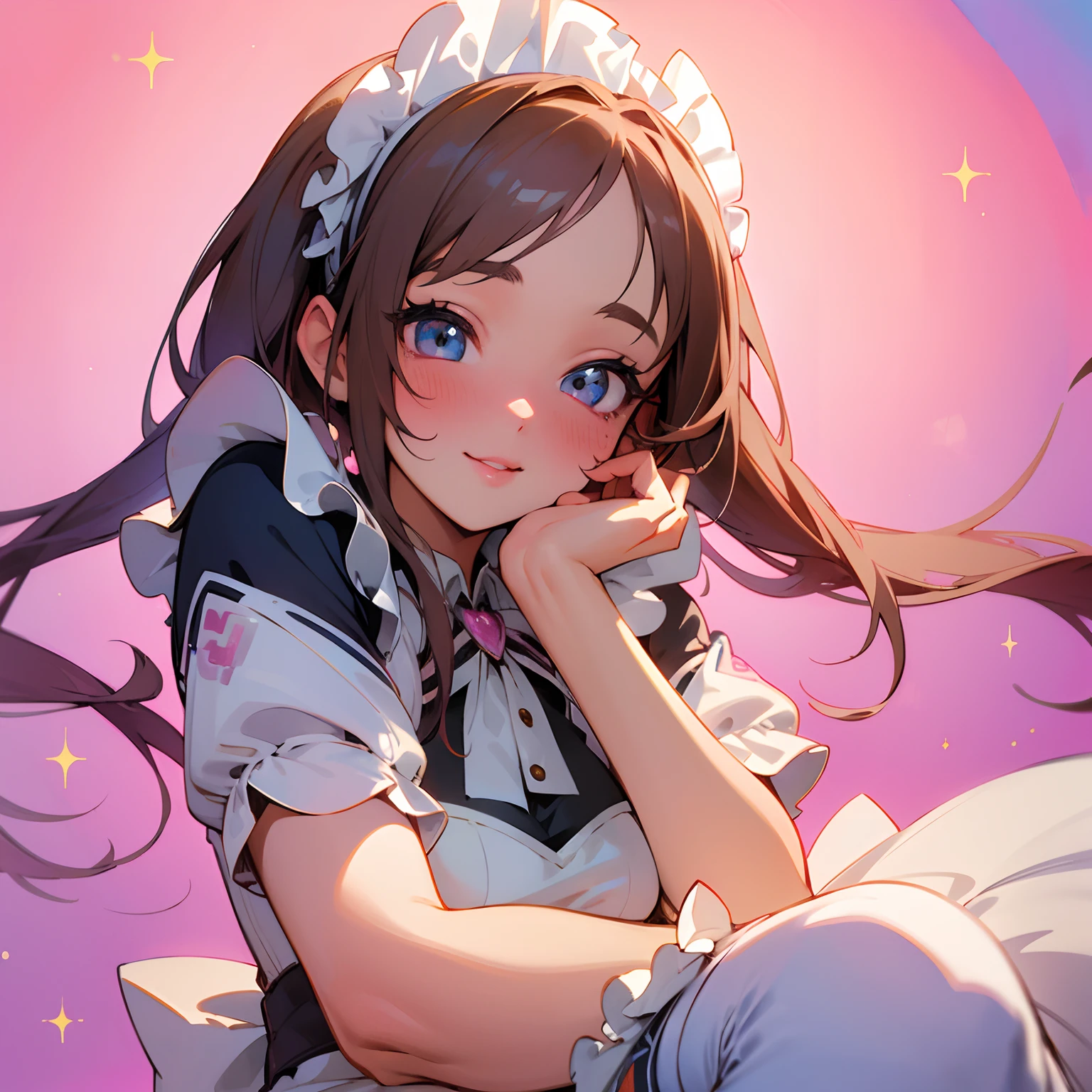 (best quality,4k,8k,highres,masterpiece:1.2),ultra-detailed,realistic,anime,beautiful detailed eyes,beautiful detailed lips,extremely detailed eyes and face,longeyelashes,2girl,cute,adorable,lovely,sparkling eyes,maid costume,frilly dress,fancy apron,white knee-high socks,pigtails,blushing cheeks,soft pink blush,shy smile,girly pose,Colorful and vibrant,colorful background,soft lighting,anime style,watercolor effect,sparkling effects
