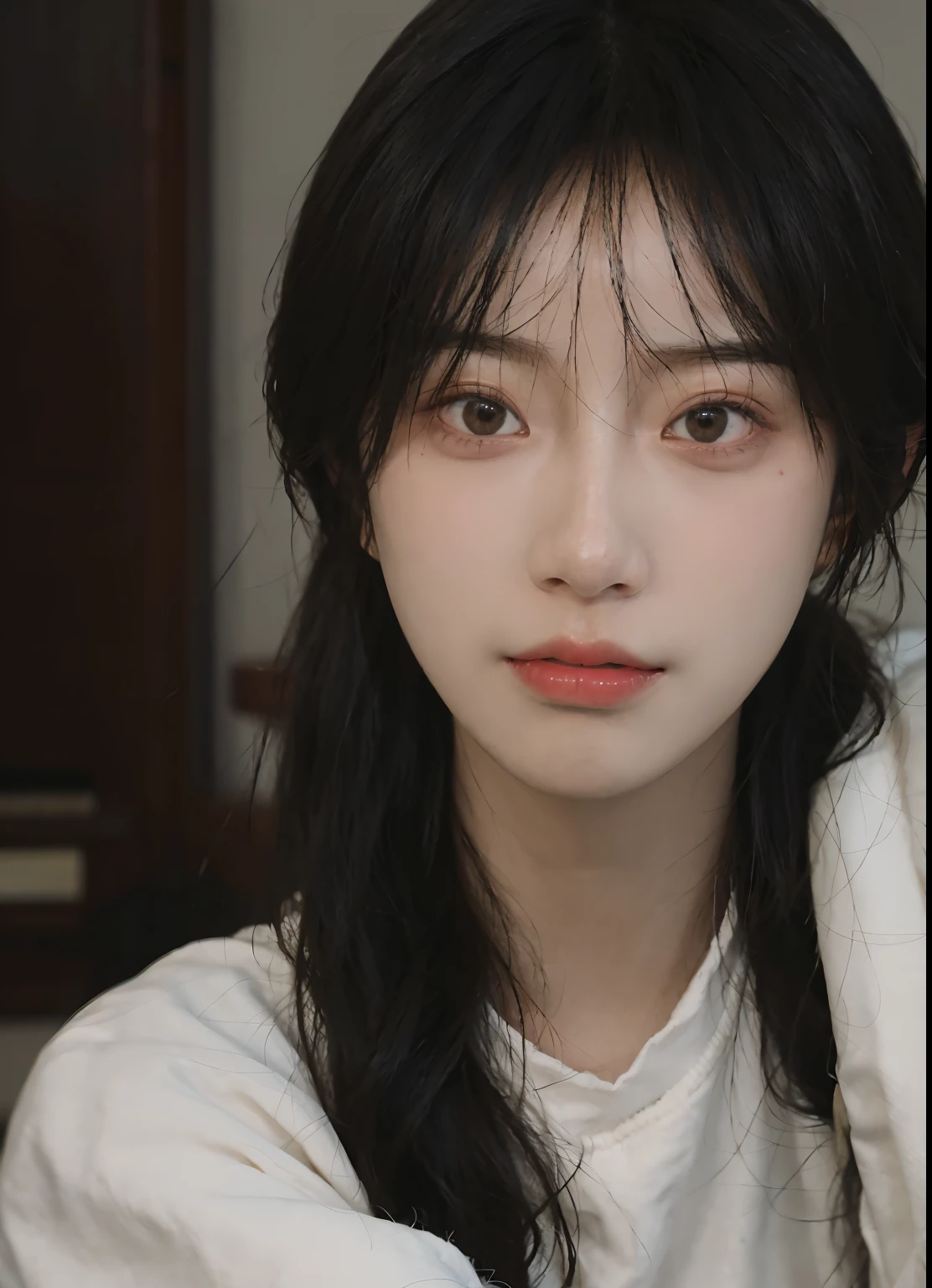 best qualtiy, 超高分辨率, (realisticlying:1.4), A woman with long black hair and a gray sweater, 中景 the scene is, She has black hair,By bangs, young lovely Korean faces, wan adorable korean face, ulzzangs, Shin Jinying, beautiful aesthetic face, Korean face features, Played by Liu Lee Ji Eun ,Beautiful realistic face