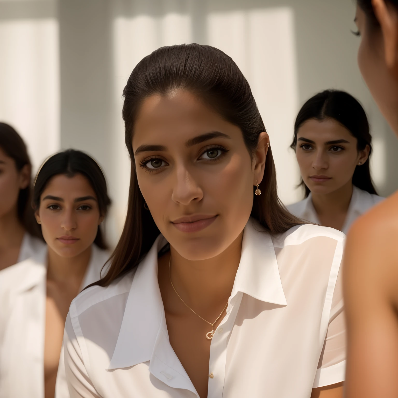 There's a woman in a white shirt and necklace, fernanda suarez, Valentina Embaralhamento, Malika Favre, Andou na escola chatzipanagiotou, imagem de perfil, Directed by: Nandor Soldier, Adriana DXIM, Laure Lipton, Magda Torres Gurza, Mina Petrovic, Christina Kritikou, Magalie Villeneuve