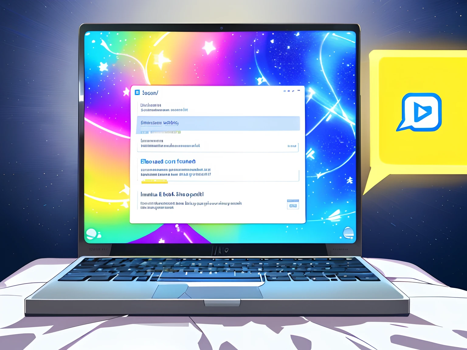 A laptop shining brightly with a messaging app front and center on the screen, sat atop a fuzzy blanket