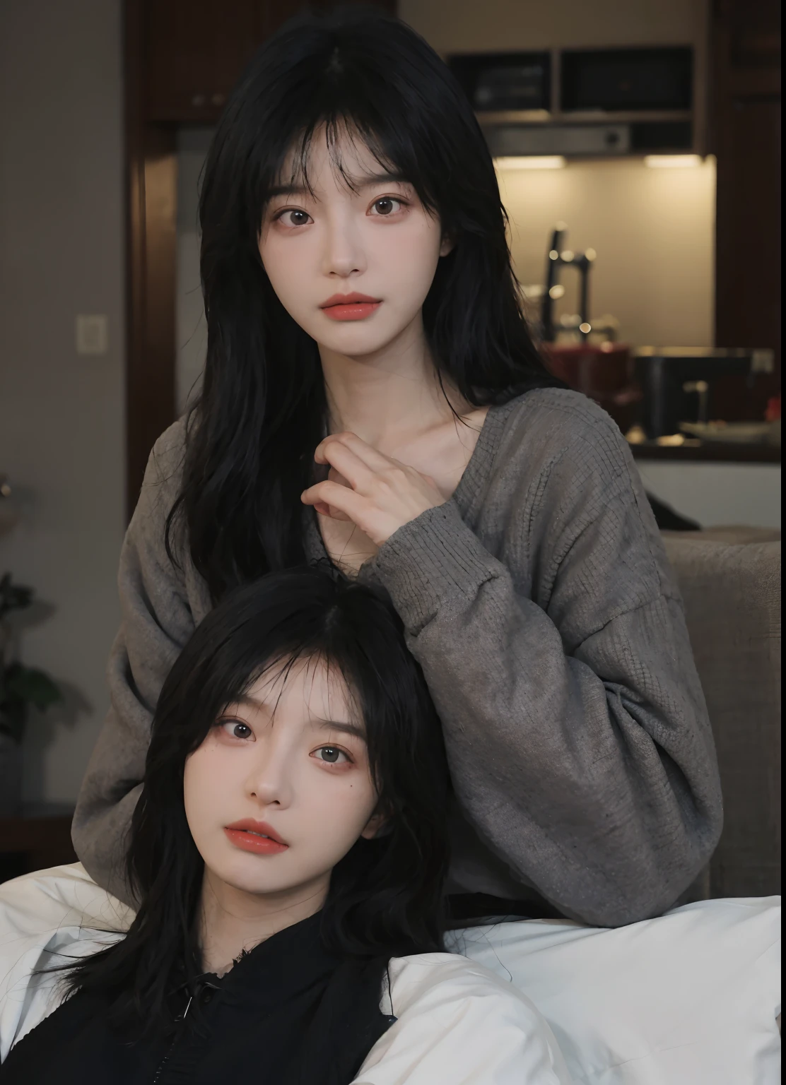 best qualtiy， 超高分辨率， （realisticlying：1.4）， A woman with long black hair and a gray sweater, 中景 the scene is, She has black hair，By bangs, young lovely Korean faces, wan adorable korean face, ulzzangs, Shin Jinying, beautiful aesthetic face, Korean face features, Played by Liu Lee Ji Eun ，Beautiful realistic face