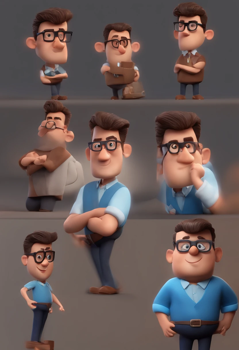 Cartoon character of a man with black glasses and a blue shirt, animation character, Caractere estilizado, animation style rendering, 3D estilizado, Arnold Maya render, 3 d render stylized, toon render keyshot, Personagem 3D, Personagem 3D, 3d rendering stylized, 3 d character render, personagem de desenho animado, Personagem de close up, Pose de personagem, (Estilo Pixar) (master part:1.2) (Bokeh) (best quality) (pele detalhada) (textura detalhada) (8k) (argila) (Cinematic lighting) (foco nítido