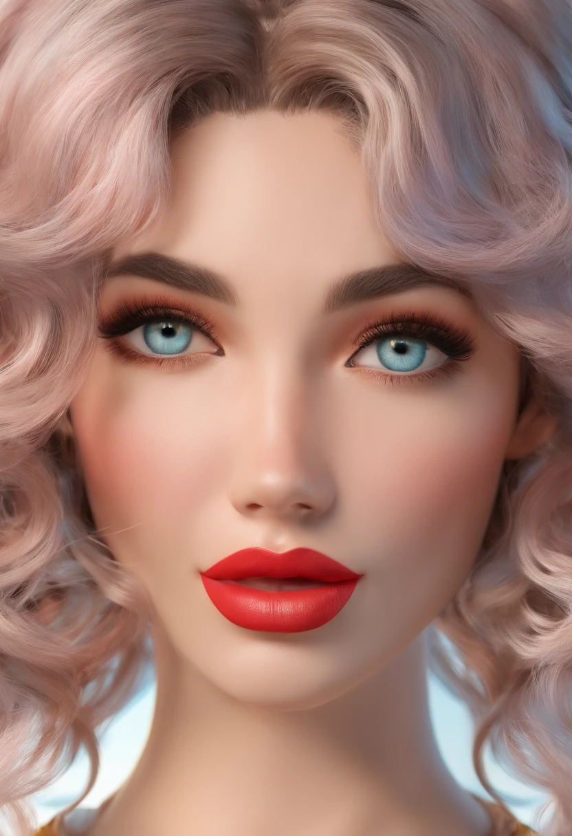 cabelos azuis claros, olhos turquesa, long eyelashes, Big Red Lips, olhos de damasco, beleza, Girly, curly hair, princesa