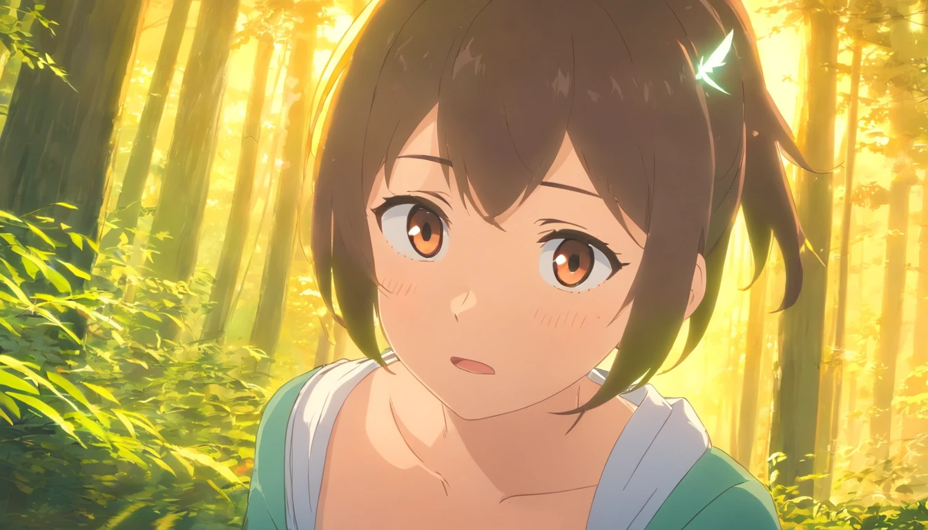 kotori，Painful expressions，forest backgrou，closeup cleavage，Wing injury
