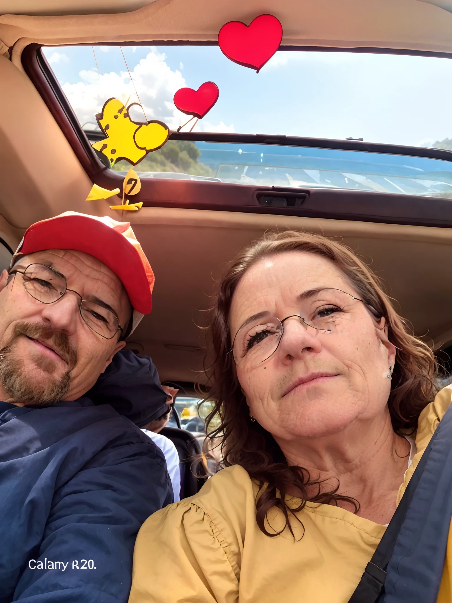 There are two people sitting in the back seat of a car, momma and papa, vacation photo, imagem de perfil, foto do snapchat, foto do perfil, foto colorida, Casal feliz, foto de perfil, muito bobo olhando, imagem de qualidade muito baixa, foto de perfil, Scandy e Arender, photo from behind, foto selfie, Fotografia tirada em 2 0 2 0