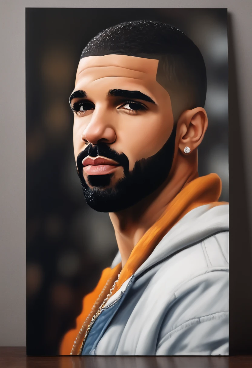Create a vibrant design for a t-shirt featuring the iconic singer Drake. The image is a striking painting that captures his essence: his charismatic and confident demeanor is depicted through his piercing gaze and infectious smile. The artist skillfully portrays Drake's distinctive style, with impeccably coifed hair and meticulously chosen fashion. The rich and vivid colors accentuate his dynamic personality, with a harmonious blend of warm hues that emanate energy and passion. The attention to detail is extraordinary, as every brushstroke brings the image to life, showcasing the artist's exceptional talent. This exceptional artwork elevates Drake to a level of unparalleled artistry, deserving of a prominent place in any fan's collection.