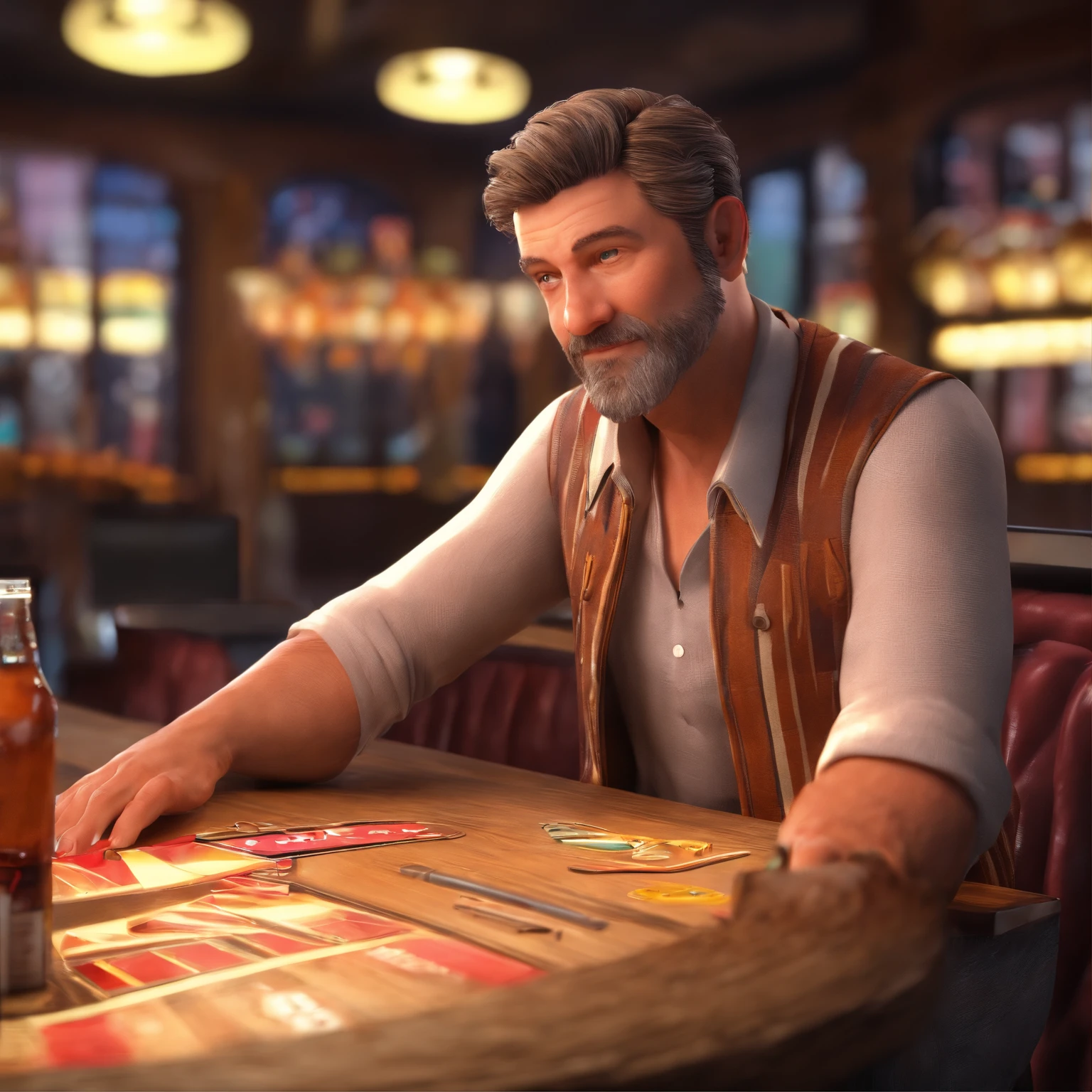 I'm just killin' I'm a 45 year old man with short hair ,Inside a bar dressed in brown pants and a striped shirt