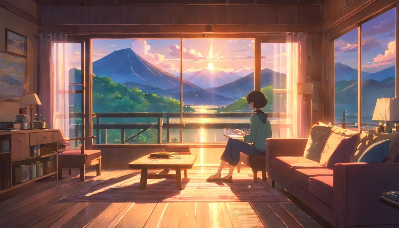 masterpiece, best quality, movie still, The beautiful girl sat on the couch, working with laptop, and gazing out of the large windows of the cabin. The view outside was breathtaking - the majestic mountains, the serene cherry blossoms, and the cascading waterfall. The cozy fireplace crackled in the background, casting a warm glow on the room. As he watched, raining outside, painting the sky with a beautiful array of colors. The light rays shone through the windows, illuminating the cabin with a warm and inviting glow.