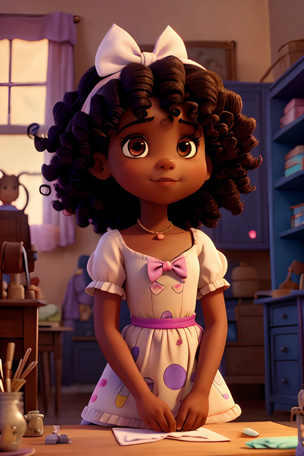 Capa de filme estilo Disney, uma menina preta com olhos castanhos, dark-skinned and curly hair working sewing bows and colorful ribbons in her atelier.