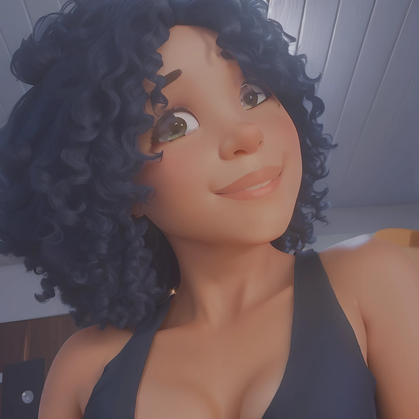 There's a woman in a black top and curly hair, imagem de perfil, cabelo encaracolado preto, afro encaracolado, cabelo encaracolado curto escuro sorrindo, com afro, cabelo curto preto encaracolado, cabelos cacheados, seu rosto emoldurado com cachos, cabelos negros cacheados, foto do perfil, (cabelos cacheados escuros e curtos), franja encaracolado, foto de perfil headshot, encaracolado, foto de perfil, foto de perfil, curly hair