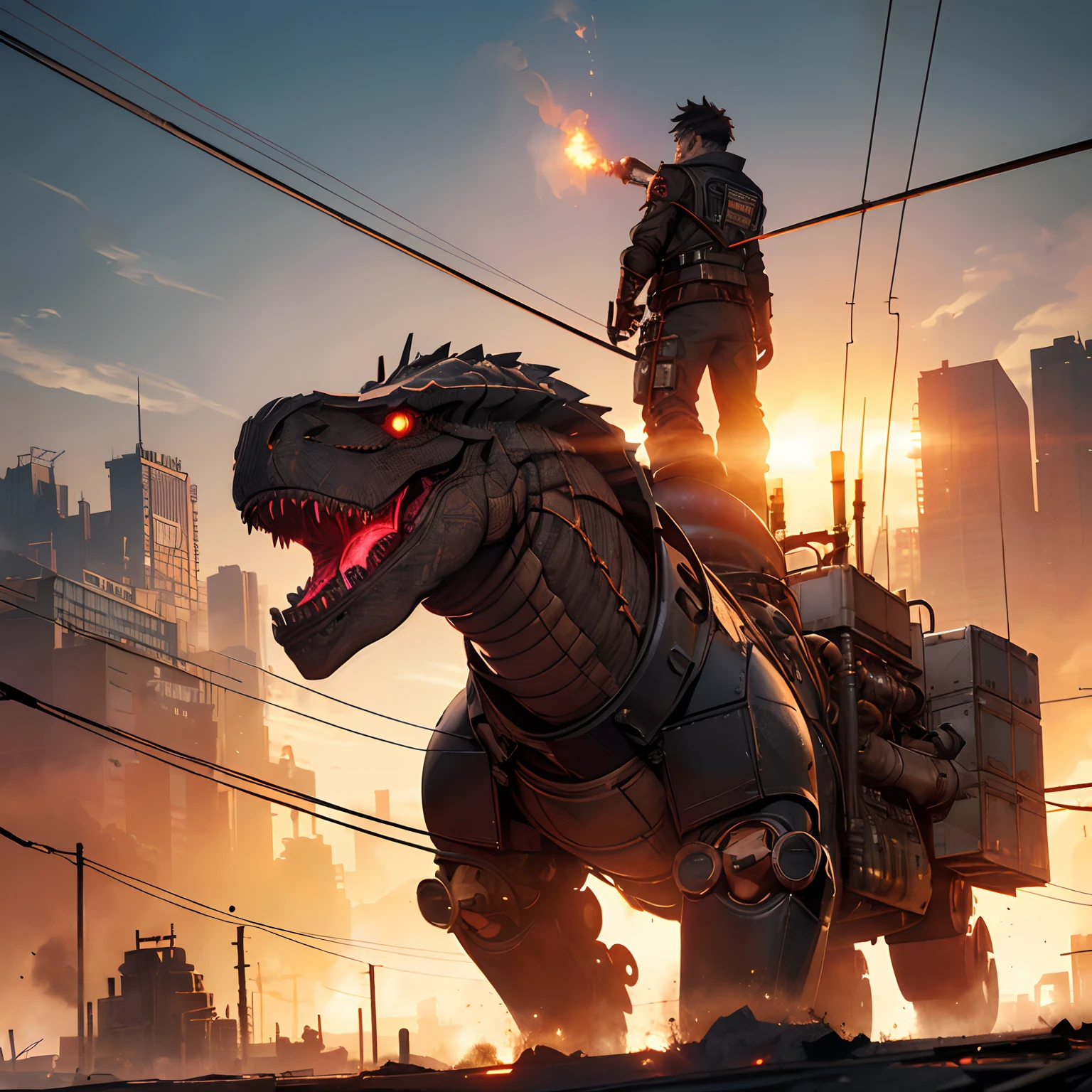 steampunc,(Devastated city, Piping of debris,ruins, rising flames,and smoke), One young man (slender,Rough Hair,Red mesh,Right arm is a prosthetic hand (steampunc,makina, Future,Exhaust port, Rising smoke, loimu), Dark beige jacket, Sturdy pants, long boots), Connect your right hand to a giant weapon (Steampunk, Colossal,A futuristic,Exhaust port, valves, Cylinder, loimu, Rising smoke,Swing up).There is a huge robot behind the man (Disastrous, electric wires, Dinosaur), Destroyed, Flickering sparks. Sunset, smog.