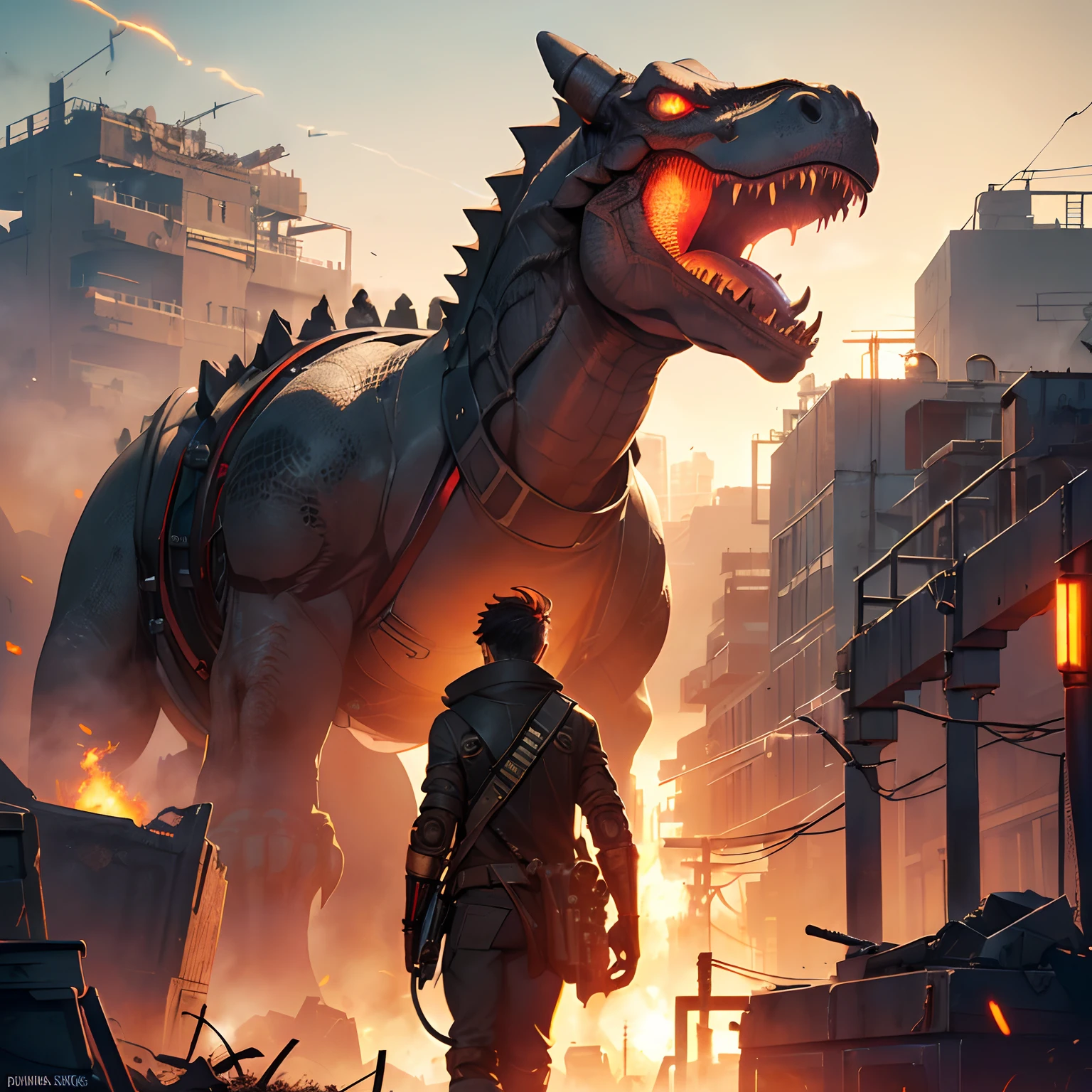 steampunc,(Devastated city, Piping of debris,ruins, rising flames,and smoke), One young man (slender,Rough Hair,Red mesh,Right arm is a prosthetic hand (steampunc,makina, Future,Exhaust port, Rising smoke, loimu), Dark beige jacket, Sturdy pants, long boots), Connect your right hand to a giant weapon (Steampunk, Colossal,A futuristic,Exhaust port, valves, Cylinder, loimu, Rising smoke,Swing up).Mechanical predator in the back (Disastrous, electric wires, Dinosaur), dismembered, Destroyed, Flickering sparks. Sunset, smog.