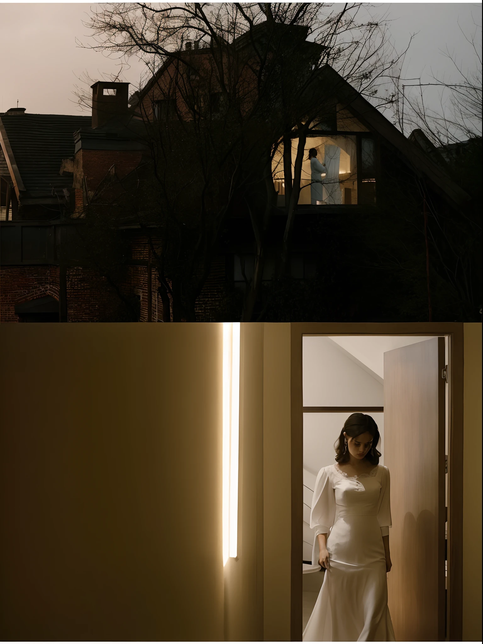 There was a woman in a white dress standing in the doorway, Art House Film Aesthetics, stunning moody cinematography, beautiful cinematography, Cinematic lighting + Masterpiece, stunning cinematography, Beautiful and cinematic lighting, gloomy cinematic lighting, dreamy atmosphere and drama, cinematic mood lighting, lofi portrait at a window, movie screencap, minimalist cinematic lighting, Subtle and eye-catching lighting