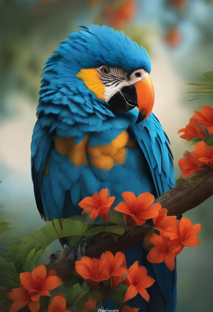 Blue parrot, flower, masterpiece, best quality, best quality, official art, beautiful and aesthetic, 8k raw, real, yang08k,