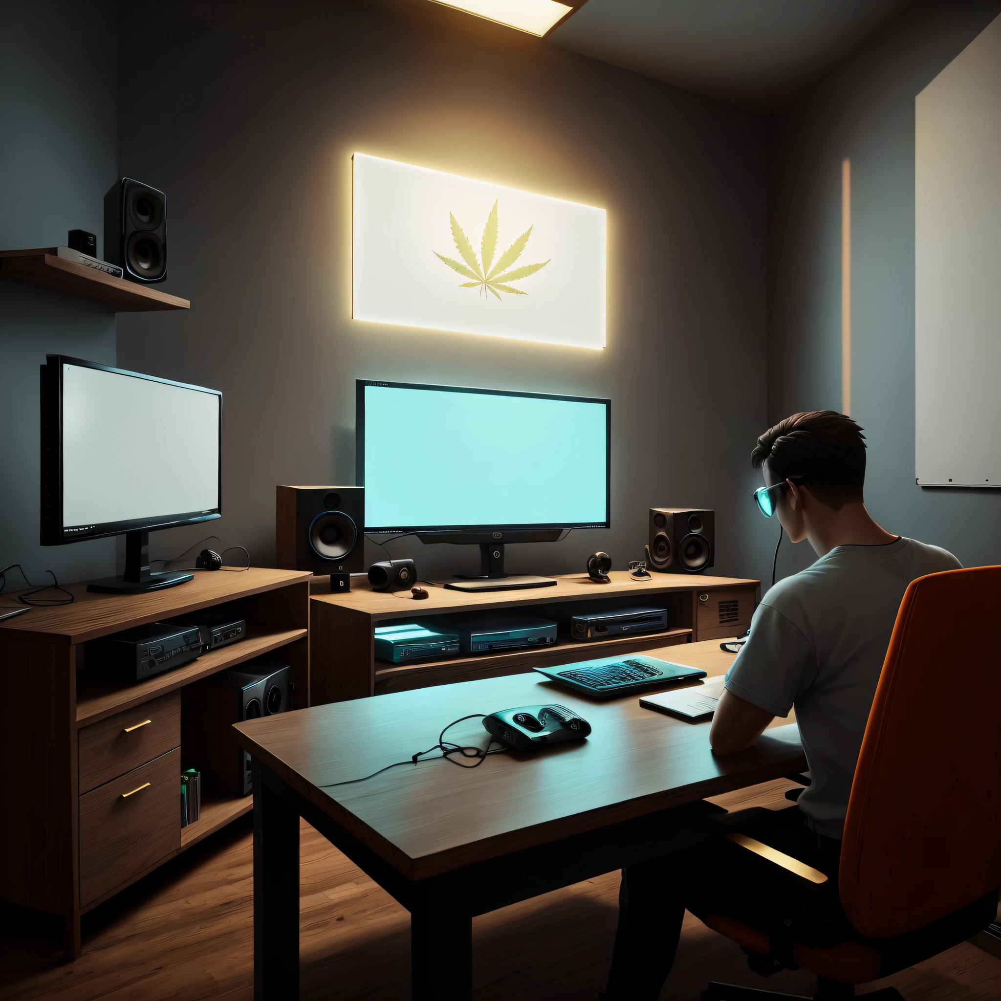 there is a modern Chinese style man, man with goatee, ear reamers, short hair, glasses on the table, doing THUG LIFE with his hands, glasses with orange polarized lenses, gold watch, sitting in a chair in front of a computer, gold chains, open plaid T-shirt, brown wooden office desk, microphone on pedestal in the background of the picture, dream filter in the background, notebook and television background, in your studio, background speaker, acoustic walls. Orange color sign on top on the background written "Juice". 8k, (high quality: 1.1), (cinematic feel: 1.1), deep dark shadows, incredibly intricate details, --seed, high quality, Unreal Engine style, light mist, white pecará with Weed symbol, Marijuana, white charger wired cell phone,
