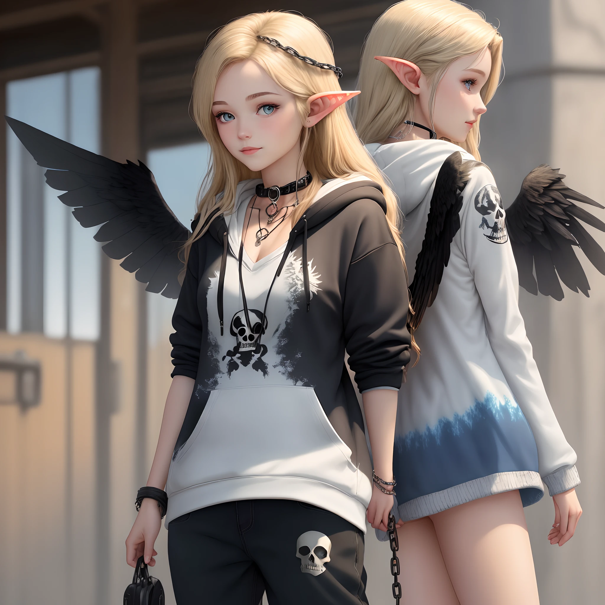 girl with medium to long blond hair with grayish hazel eyes, lips in a soft smile, elven ears. A chain leash necklace wrapped around her neck. She has wings behind her back. She is wearing a tye-dye white and black hoodie with a skull print
