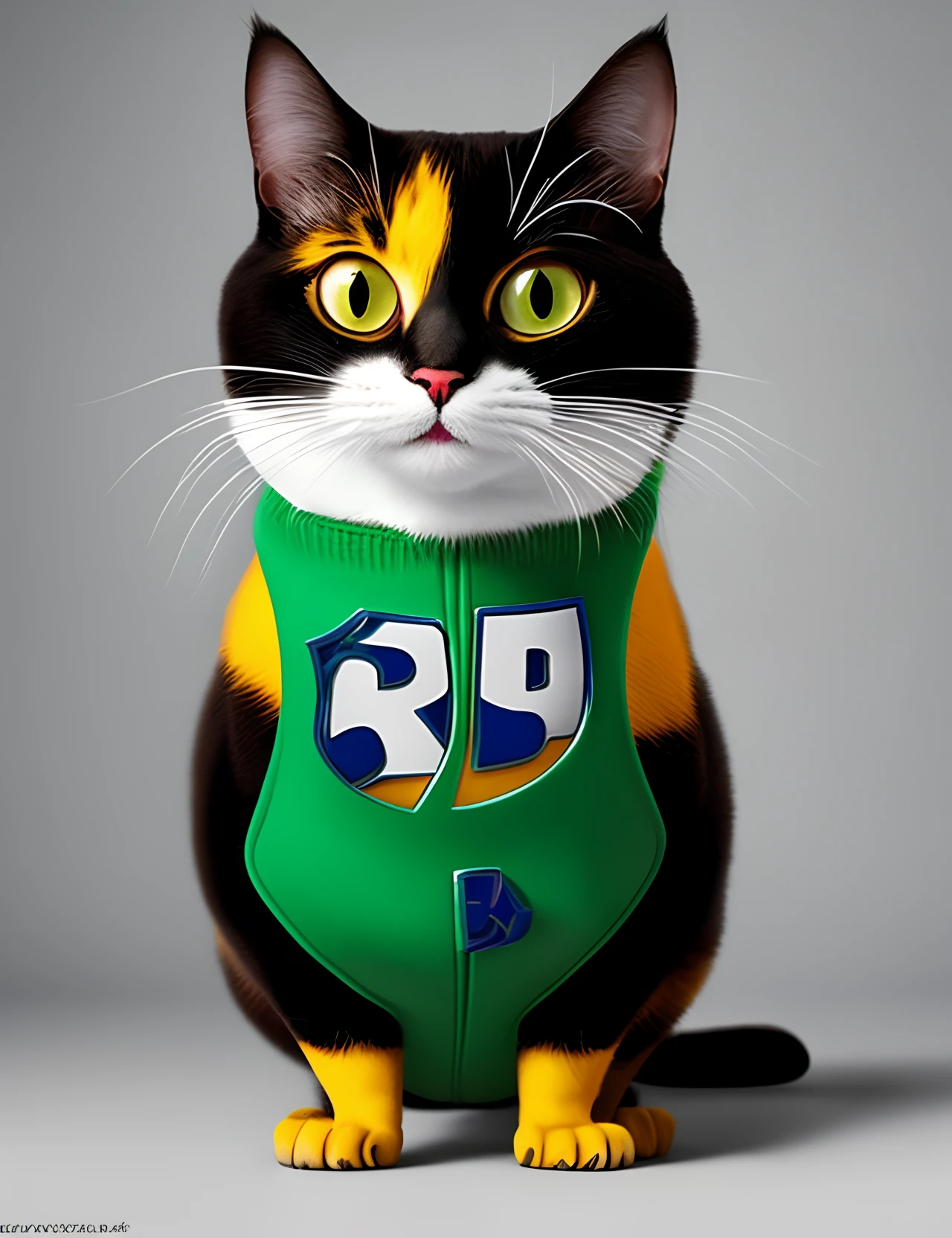 Gato frajola estilo Pixar mais branco que preto olhos verde e nariz rosa