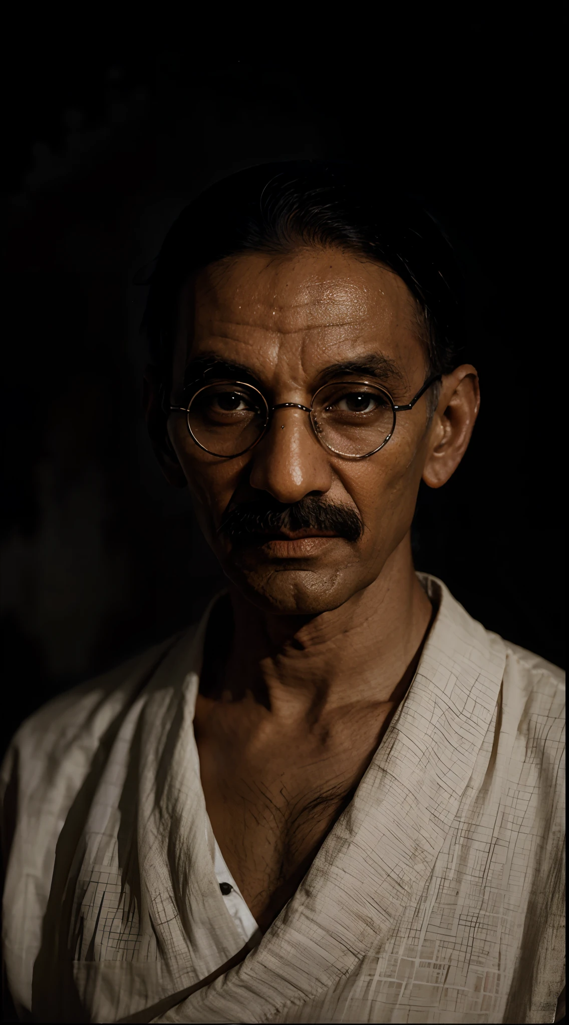 A portrait of Mahatma gandhi, dark background