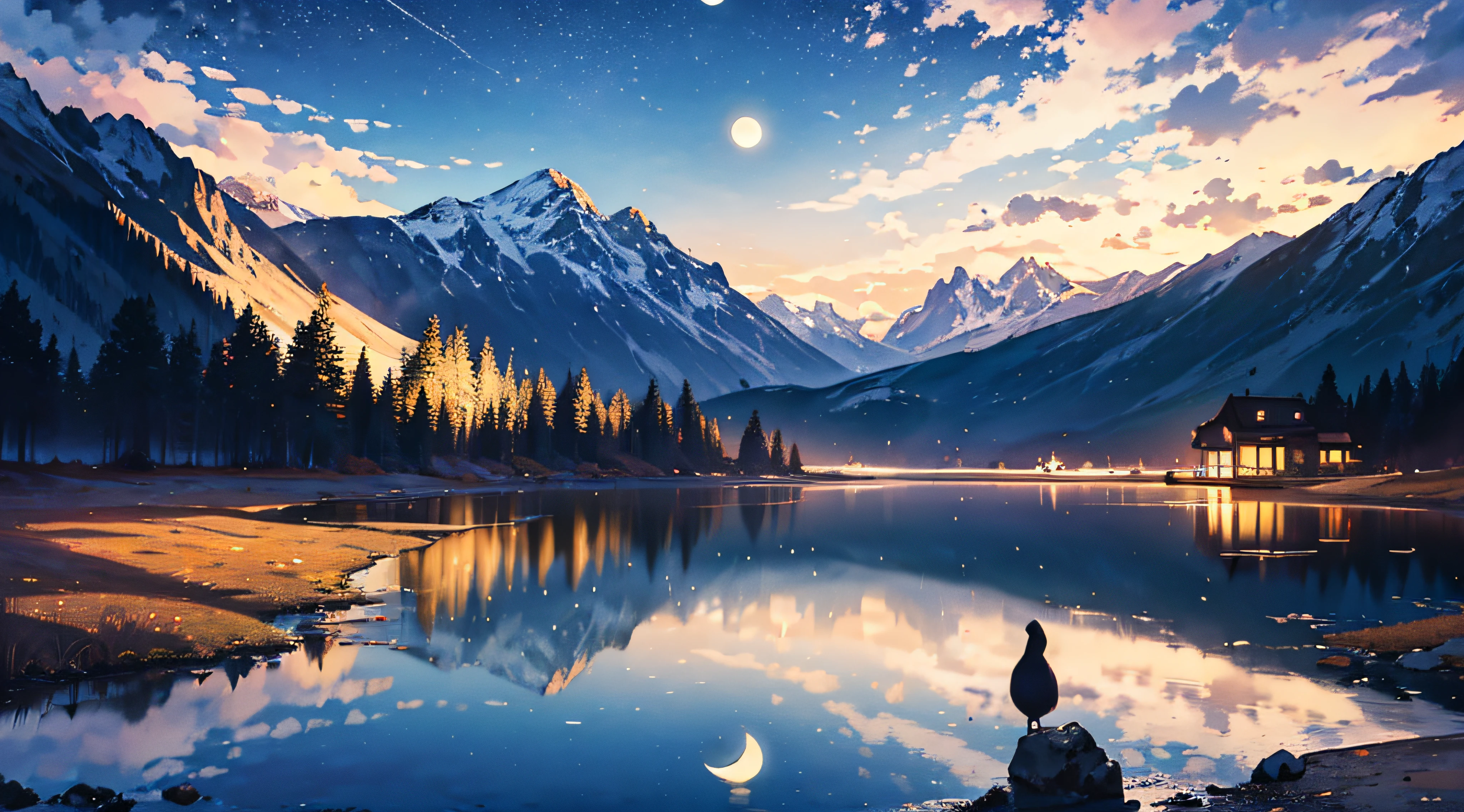 Very starry night. A giant moon behind the mountains. The tranquil lake reflects the night. The sunset is accompanied by flying cranes. realistic scene, the detail, rendering, 8K,The sun and the moon shine together