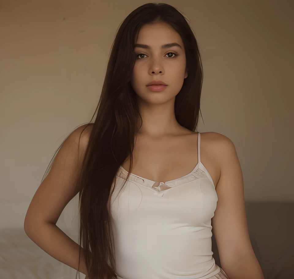 mulher arafed totalmente , Menina sexy com olhos castanhos, ultra realistic, meticulosamente detalhado, Retrato Sophie Mudd, cabelos castanhos e olhos grandes, selfie de uma jovem mulher, Olhos de Dubai, Violeta Myers, sem maquiagem, maquiagem natural, Looking directly at the camera, Rosto com ArtGram, maquiagem sutil, impressionante tiro de corpo inteiro ajoelhado na cama, no quarto, medium to large bust