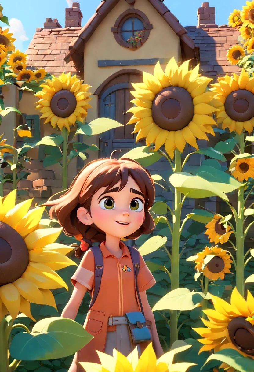 Create a Disney PIXAR-style 3D poster. ((centro da imagem, Triplets)), ((3 )) ((1 menino no meio e 2 meninas ao lado, They're hugging each other, O menino tem pele castanha e cabelos castanhos escuros e olhos castanhos escuros, 1 menina tem pele clara, olhos e cabelos escuros e cacheados, e a outra menina tem pele morena, olhos escuros e cabelos escuros e lisos)) ((tudo isso no estilo Disney PIXAR 3D, In the background, A house of sunflowers, Gloria Studio, The garden is full of nature 3D render RTX clay material, estilo de design cartunesco, POP Mart, soft lighting, linhas suaves, Spring tilt, Detailed illustrations of PIXAR 3D, Detalhes hiper-realistas, cor quente no estilo Disney PIXAR 3D))