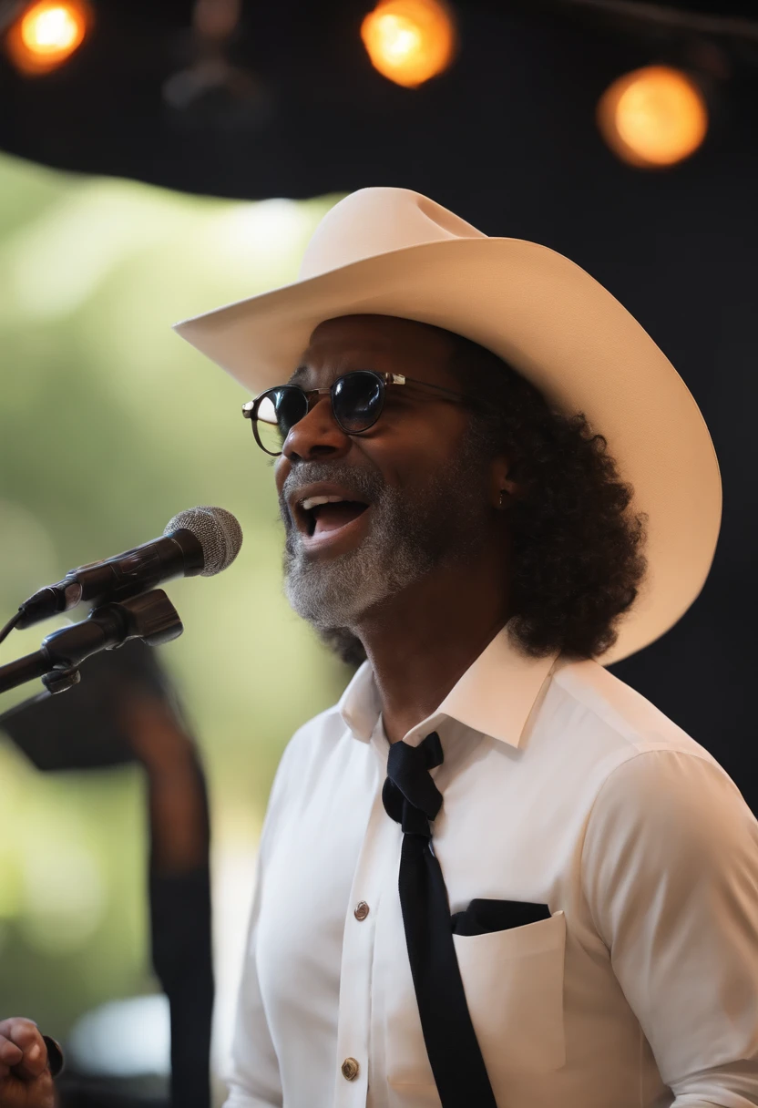 crie um banner no estilo Pixar. Um homem negro, obeso de 46 anos. Segurando um cavaquinho e cantando em um microfone. Wearing black and white dress shirt and slacks and wearing Panama hat.  Em cima do palco com um letreiro escrito NEGO SP e com a plateia em baixo cantando.