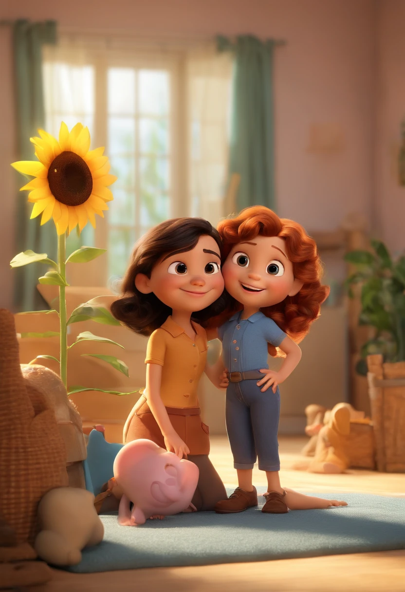 Create a Disney PIXAR-style 3D poster. ((centro da imagem, sisters)), ((2Children)) ((2 s uma de 5 anos com cabelo cacheado nas pontas e uma fofa com cabelo preto curto e liso de 5 meses, They're hugging each other, as duas tem pele castanha e cabelos castanhos escuros e olhos castanhos escuros, , ol ) ((tudo isso no estilo Disney PIXAR 3D, In the background, A house of sunflowers, Gloria Studio, The garden is full of nature 3D render RTX clay material, estilo de design cartunesco, POP Mart, soft lighting, linhas suaves, Spring tilt, Detailed illustrations of PIXAR 3D, Detalhes hiper-realistas, cor quente no estilo Disney PIXAR 3D))