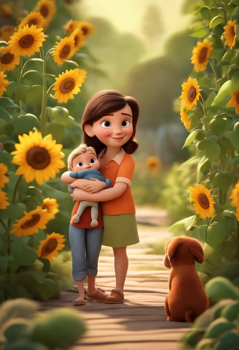 Create a Disney PIXAR-style 3D poster. ((centro da imagem, sisters)), ((2Children)) ((2 s uma de 5 anos com cabelo cacheado nas pontas e uma fofa com cabelo preto curto e liso de 5 meses, They're hugging each other, as duas tem pele castanha e cabelos castanhos escuros e olhos castanhos escuros, , ol ) ((tudo isso no estilo Disney PIXAR 3D, In the background, A house of sunflowers, Gloria Studio, The garden is full of nature 3D render RTX clay material, estilo de design cartunesco, POP Mart, soft lighting, linhas suaves, Spring tilt, Detailed illustrations of PIXAR 3D, Detalhes hiper-realistas, cor quente no estilo Disney PIXAR 3D))