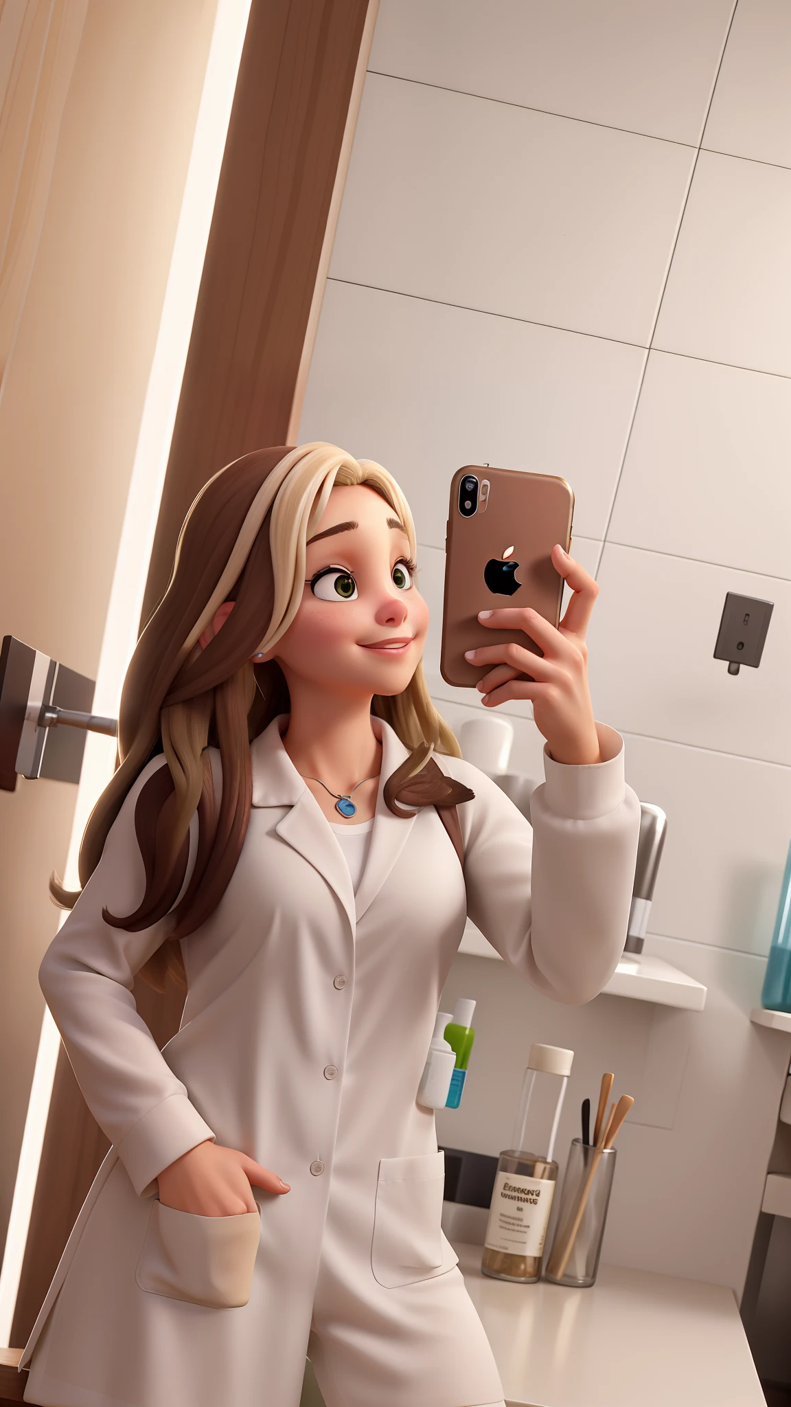 Uma nutricionista de jaleco branco, blonde hair, tirar uma selfie no espelho em um banheiro com seu iPhone. She's very attractive, With delicate facial features, And her hand is in her lab coat pocket.