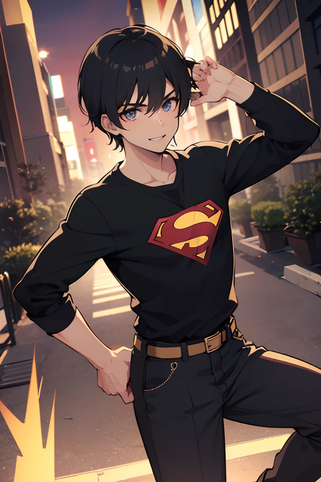1boys, Cabello ????? corto, ojos cafes, musculoso, camisa negra de superman manga corta, pantalones ajustados negros, botas grises, sonriente,