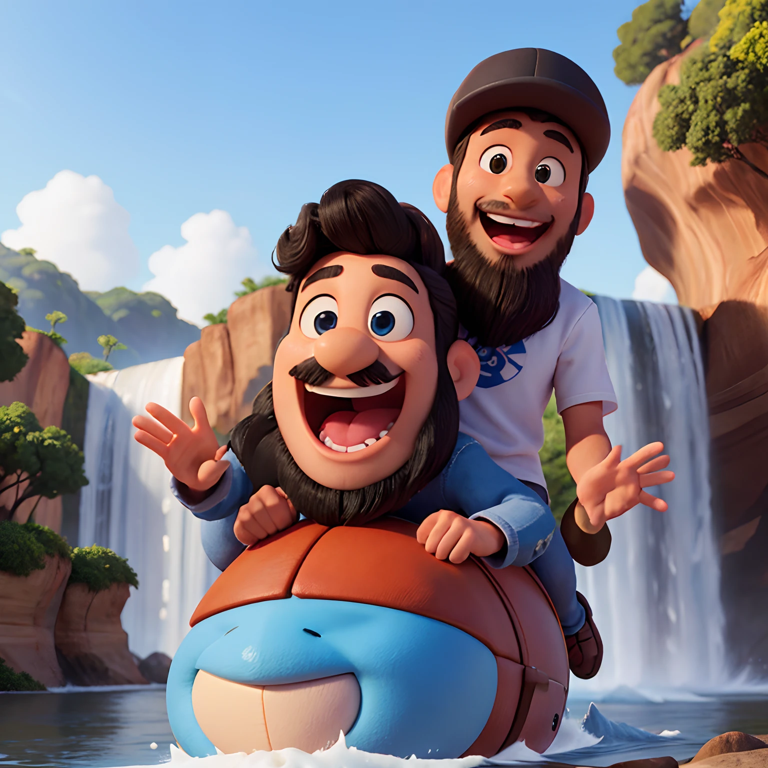 criar uma imagem Disney pixar estilo 3D filme sobre um homem jovem aventureiro de 30 anos branco tem olhos castanhos, cabelos castanhos ondulados, sorridente, He wears a beard and a black cap, a mulher tem 28 anos, pele clara, grandes olhos castanhos, big mouth with smile and medium curly black hair put on the background Nature and waterfalls