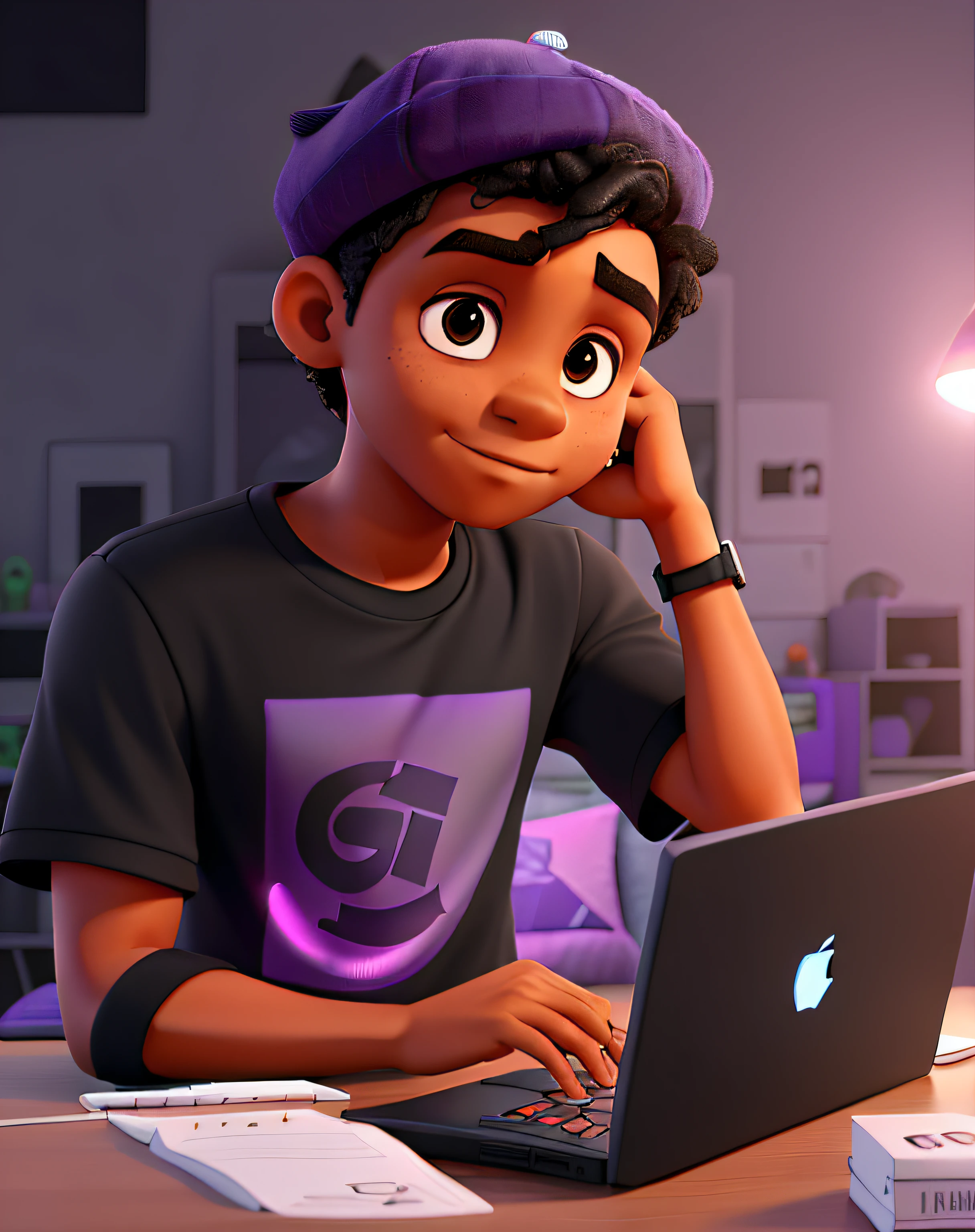 Um  preto de camisa preta, In a black room with purple lighting, sentado na frente de seu laptop, with black cap