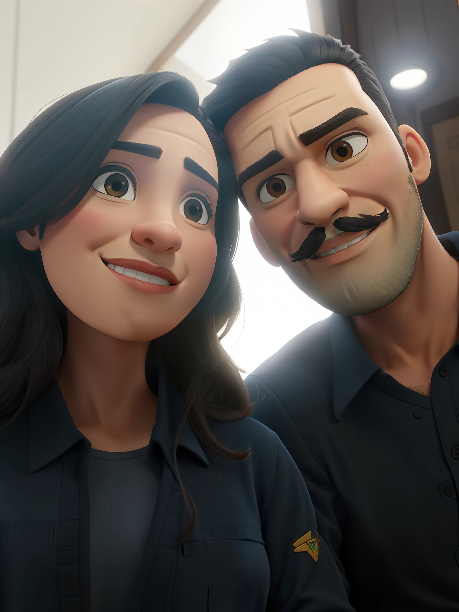 um bonito casal latino americano apaixonado, a mulher tem cabelos pretos e o homem tem cavanhaque curto e bigode mais forte e usa camisa social preta