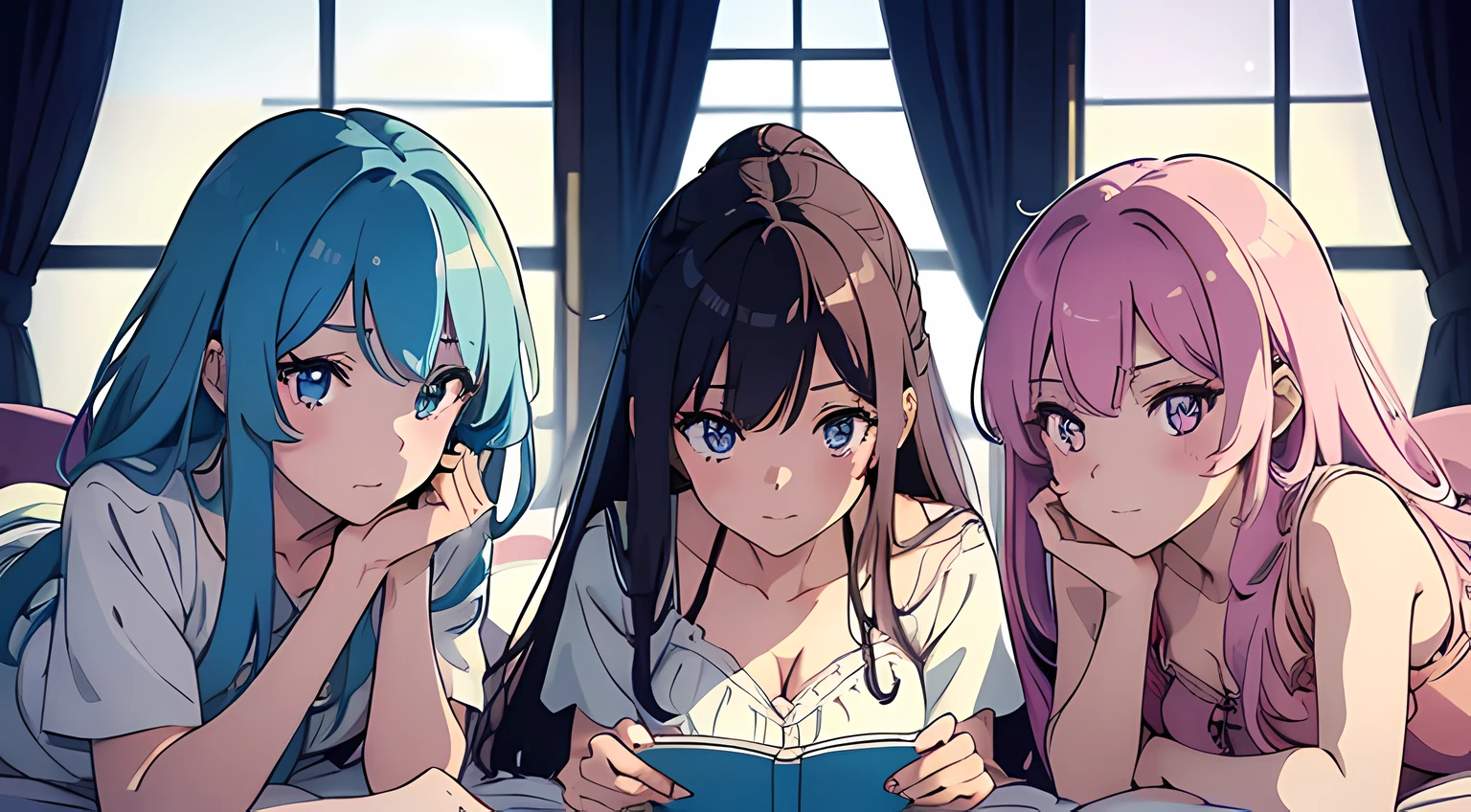 3 girls, girls with different hair colors, girls in dresses, young and beautiful, royal sister, young anime people, anime moe art style, watching audience, close-up, seductive expressions, rich colors, in luxurious villas, lying on the bed, looking at the phone, vibrant appearance, playful accessories, creative behavior, imaginative, sensual, spontaneous, delicate facial features, clear facial expressions, detailed digital animation art, digital animation art, high-quality anime art style,