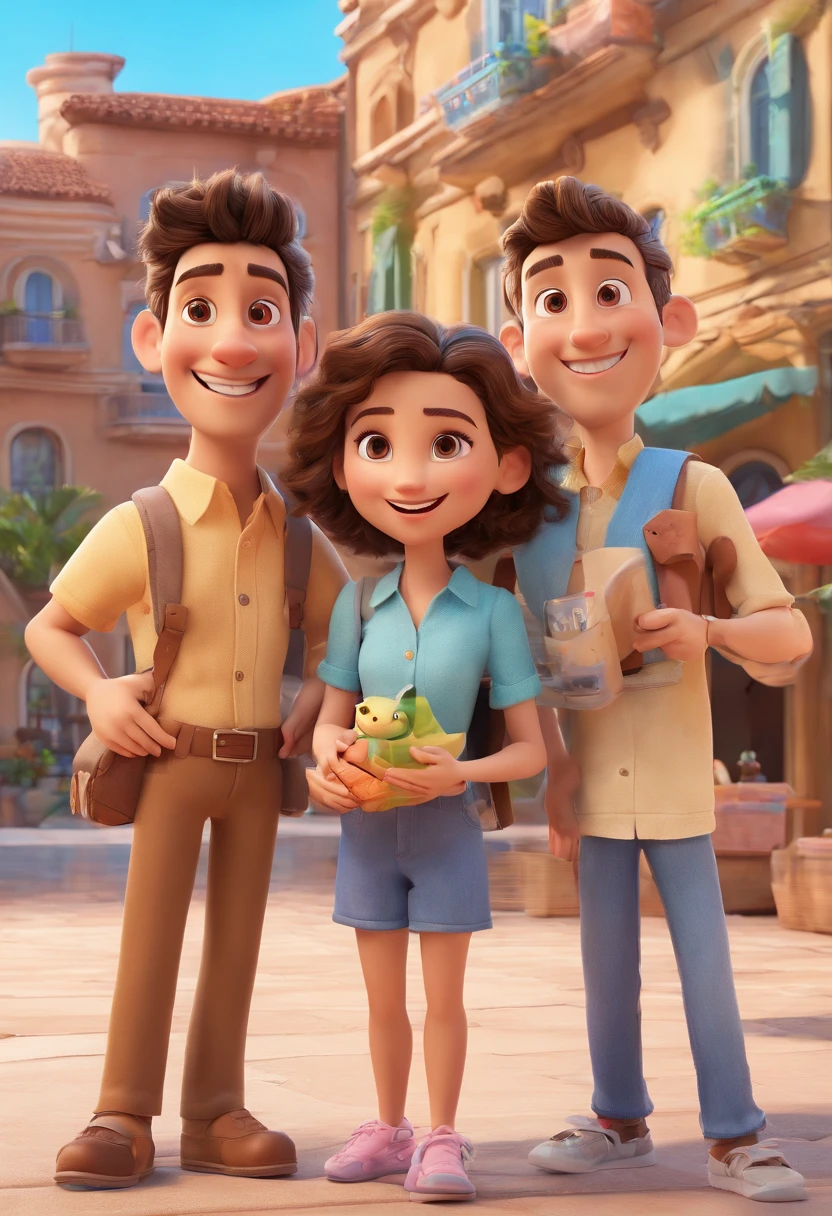 Cartoon of friends having fun on vacation together,  3D Animation Movie Poster, Poster de filme animado, pixar 3 d animation style, pixar renderman rendering, maia 8 mil, animated film, Disney Pixar Estilo 3D, amigos felizes saem juntos, all wearing light blue shirts and cream brown long pants, camisa azul clara, cream brown pants, ao ar livre, vacation, Disney Pixar Animation Poster