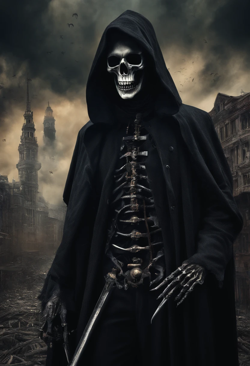 A skull with a skull face with a horn on its head facing backwards its skull torso wearing a black cape its body is all bones its hands are skulls its feet are ox legs wearing black pants and holding a bone cane in its right hand 