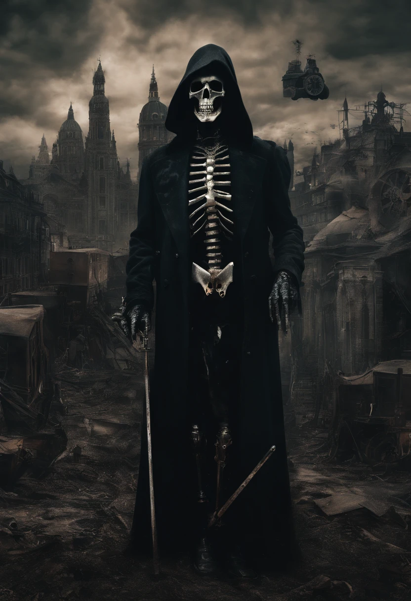 Hyper-realistic photo of grim reaper with long demon teeth and surrealist city in jean-philip benjamin-constant style with colorful steampunk strange machines in the sky