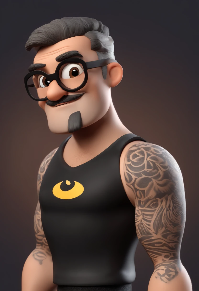 Cartoon character of a man with black glasses and a black polo shirt, cabelo liso, With beard and old school tattoo on his arm, animation character, Caractere estilizado, animation style rendering, 3D estilizado, Arnold Maya render, 3 d render stylized, toon render keyshot, Personagem 3D, Personagem 3D, 3d rendering stylized, 3 d character render, personagem de desenho animado, Personagem de close up, Pose de personagem, (Estilo Pixar) (master part:1.2) (Bokeh) (best quality) (pele detalhada) (textura detalhada) (8k) (argila) (Cinematic lighting) (foco nítido