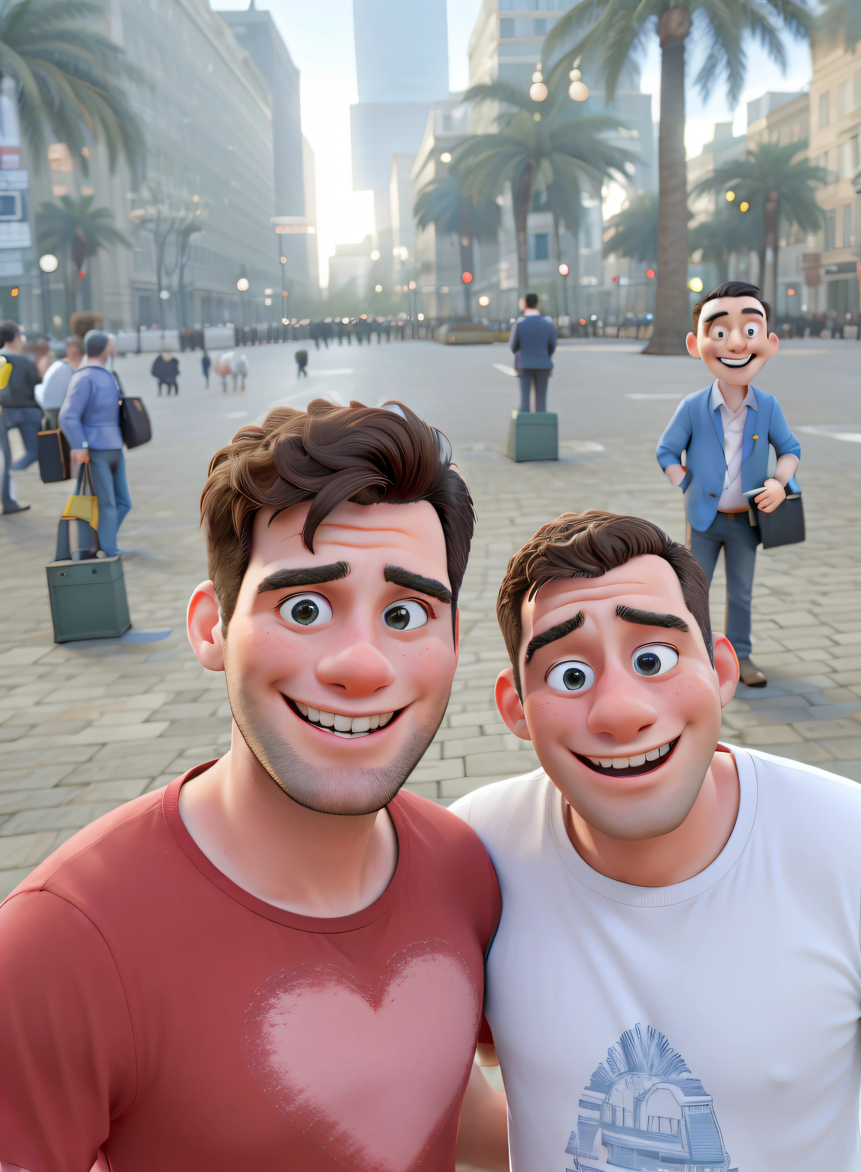 two happy men in the square on valentine's day