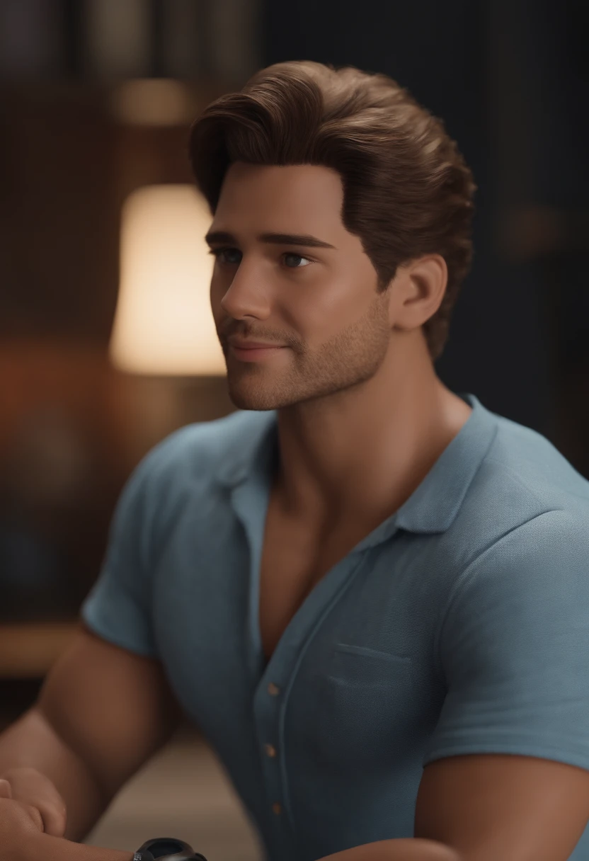 Garoto, estilo disney, tom de pele: claro: Cabelo: marrom escuro, liso, curto, penteado para o lado direito. camisa: social, Cor azul. Fundo: Gray and white gradient,Comemorando, Hands raised, sorrindo, feliz, (estilo pixar) (obra-prima:1.2) (bokeh) (melhor qualidade) (pele detalhada) (textura detalhada) (8k) (claymation) (cinematic lighthing) (foco nítido