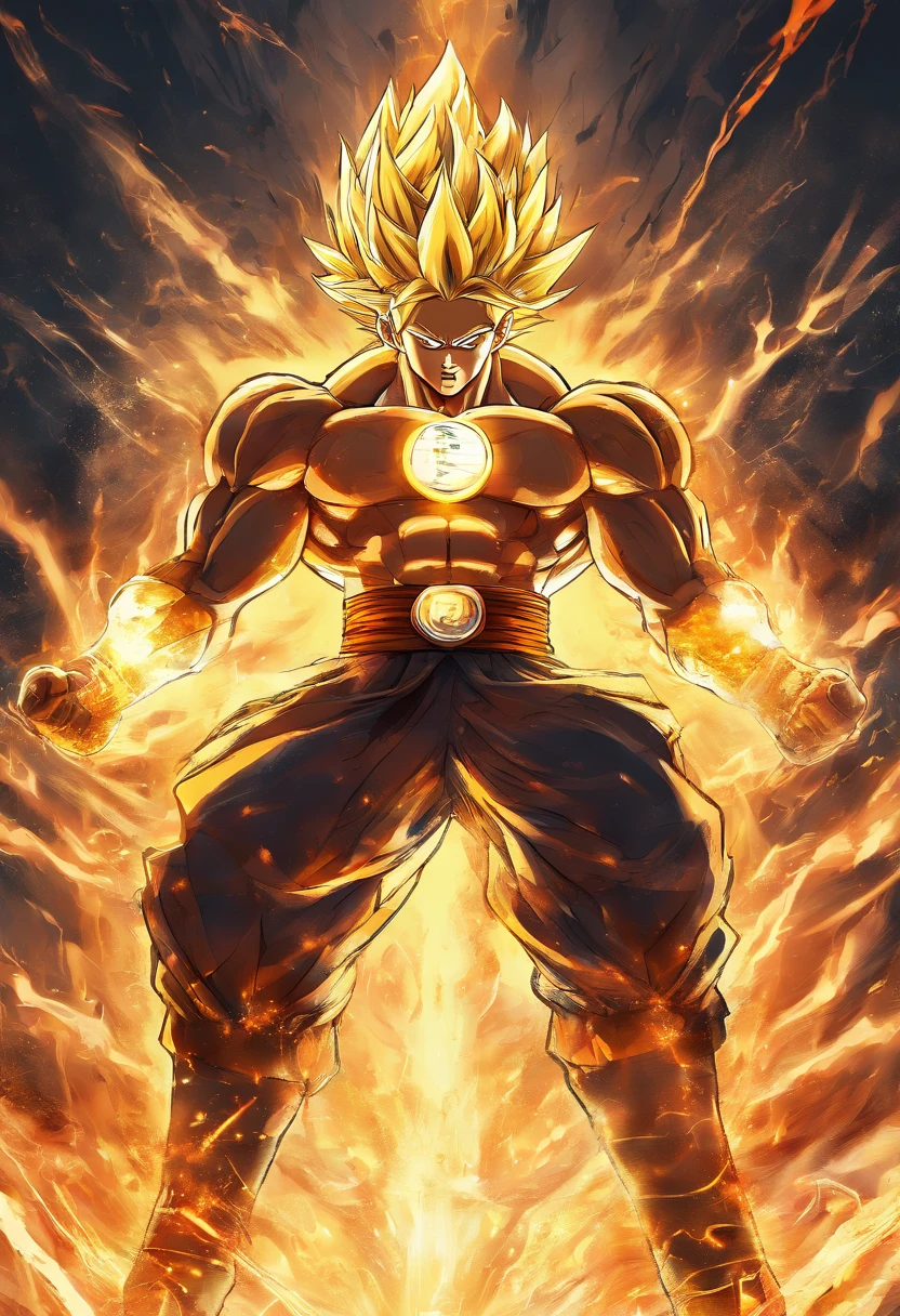 Super Sayan, Power level rising like a raging fire, energy surging through every vein, hyper detailed, intricate detail, crystal clear image