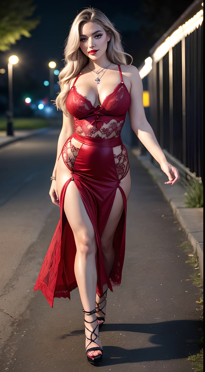 (masutepiece, Best Quality), ultra-detailliert, Photorealsitic, Beautiful woman with silver hair, ((Red lace-up front mesh camisole)), (Red High Split Maxi Skirt), Braided high heels, a necklace, Wavy Hair, Perfect face, Beautiful face, enticing, big gorgeous eyes, I have my mouth wide open, Happy, heavy make up, red-lips, Dark Eye Makeup, Voluptuous body, seducting smile, Glamorous body, Big ass, (plein air), Walking in the park at night, Walking in the garden at night, Bright colors, Taking a walk, Hair fluttering in the wind