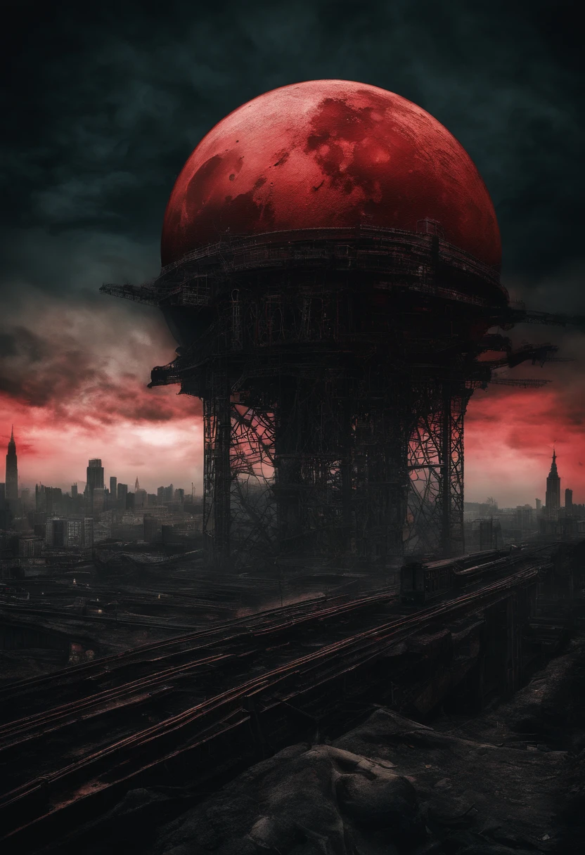 Hyper-realistic photo of gloomy night with red moon and surrealist city in jean-philip benjamin-constant style with colorful steampunk strange machines in the sky