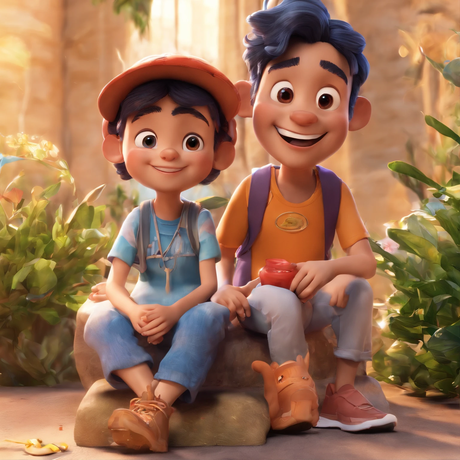 Estilo Disney Pixar, Boy is a smiling 8-year-old human boy, Girl is smiling 12 years old, Holding the pet in your arms, o cachorro pug, em uma praia