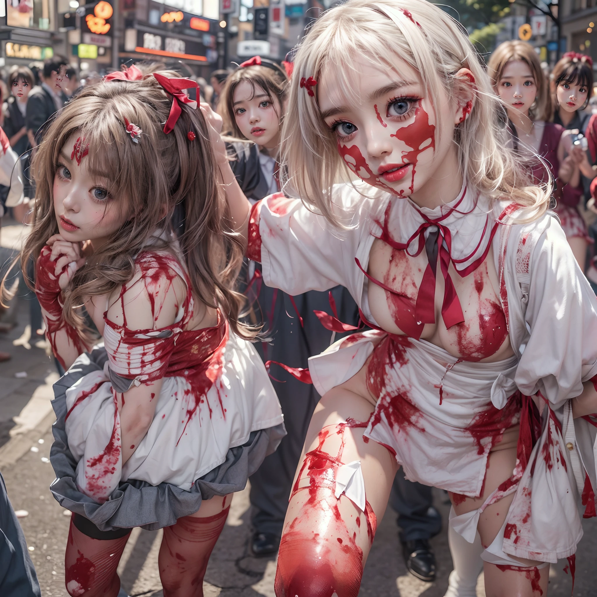 (((SFW, NSFW STILL SHOW, 12 Tiny Girls in a row:1.2, Shibuya Hachiko-mae scramble crossing on Halloween:1.2))), ((masterpiece:1.2, best quality, photorealistic:1.37)), { (Standing Full Body:1.2)|(from below:1.2) }, { bandaged full body | Cut-off Sailor Uniform }, { bandaged head | bandaged limbs | (( bleeding from pussy )) }, {((naked bandage))|metallic red nipple stickers}, {(bloody)|blood paste|(Blood-stained bandages| bloody inner thighs)}, ((Detailed KAWAII face, Detailed glistening ivory skin)), {Bustling street|Crossroads|(Passerby schoolgirls)| halloween| neon}, {(Childish:1.2|Gigantic Cleavage:1.37|Underboob:1.2)}, {Red leather high collar| Hair ornaments |shotgun|random hair colors}, {Floating hair|Strong wind|(((Ass focus, open thighs)))| flying magic | Skirtlift}, {(Kissing face to face)|:p|:d|laugh|sparkle|joyful|delighted|Drunk},extremely Detailed,