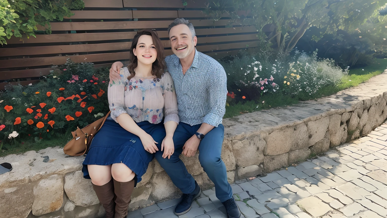They are sitting on a stone bench in front of a flower garden, imagem de perfil, Fotografia tirada em 2 0 2 0, foto retrato, Casal feliz, Directed by: Gwen Barnard, retrato de casais, retrato 4 / 3, Directed by: Nandor Soldier, Retrato de duas pessoas, Millaise e Greg Rutkowski, foto do perfil, Foto tirada em 2018