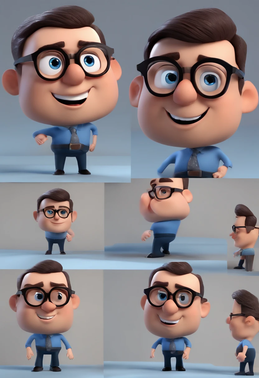 Cartoon character of a man with black glasses and a blue shirt, animation character, Caractere estilizado, animation style rendering, 3D estilizado, Arnold Maya render, 3 d render stylized, toon render keyshot, Personagem 3D, Personagem 3D, 3d rendering stylized, 3 d character render, personagem de desenho animado, Personagem de close up, Pose de personagem, (Estilo Pixar) (master part:1.2) (Bokeh) (best quality) (pele detalhada) (textura detalhada) (8k) (argila) (Cinematic lighting) (foco nítido